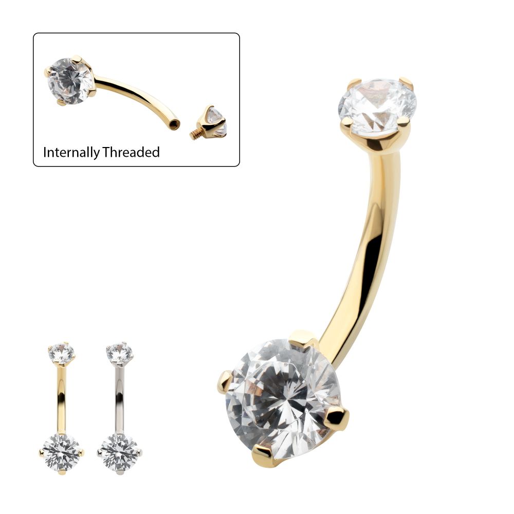 14Kt Gold Internally Threaded Double Round 4-Prong Clear CZ Fixed Bottom Navel
