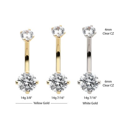 14Kt Gold Internally Threaded Double Round 4-Prong Clear CZ Fixed Bottom Navel