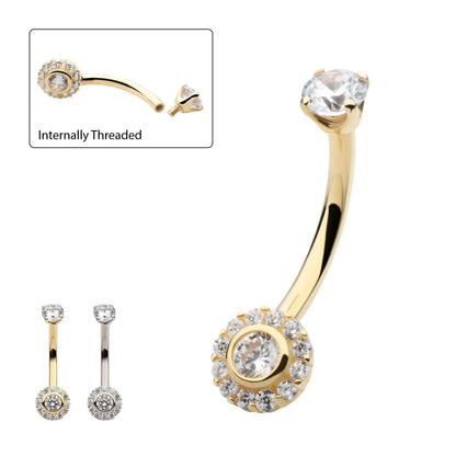 14Kt Gold Internally Threaded Multi Clear CZ Flower Shape Fixed Bottom Navel