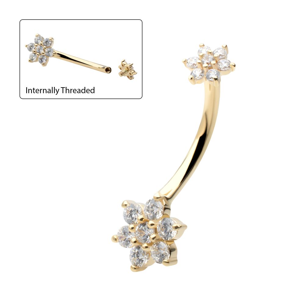 14Kt Yellow Gold Internally Threaded Pronged Round Clear CZ Double Flower Shape Fixed Bottom Navel