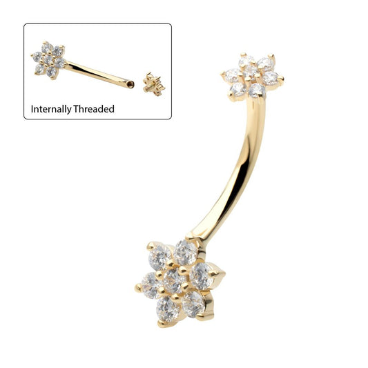 14Kt Yellow Gold Internally Threaded Pronged Round Clear CZ Double Flower Shape Fixed Bottom Navel