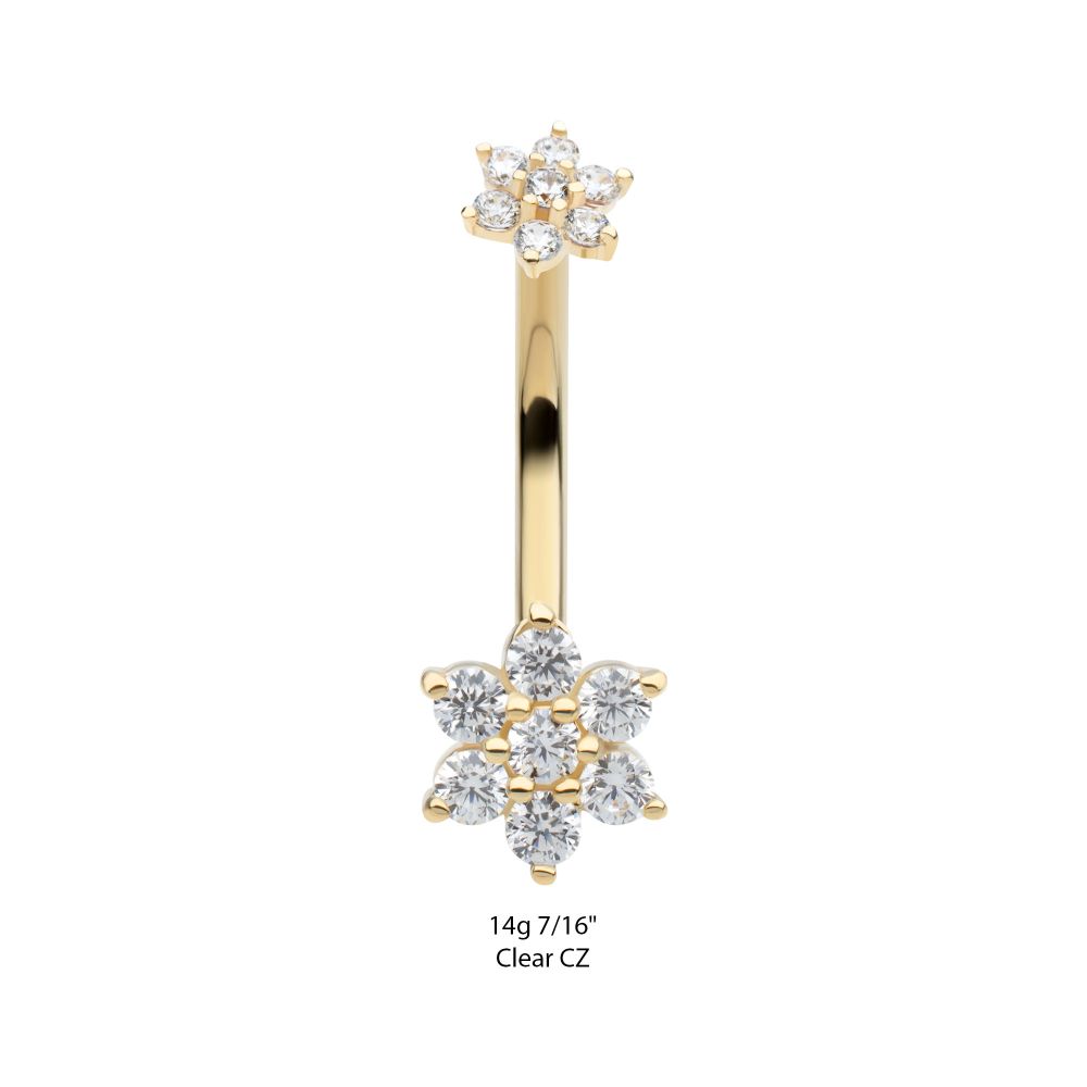 14Kt Yellow Gold Internally Threaded Pronged Round Clear CZ Double Flower Shape Fixed Bottom Navel