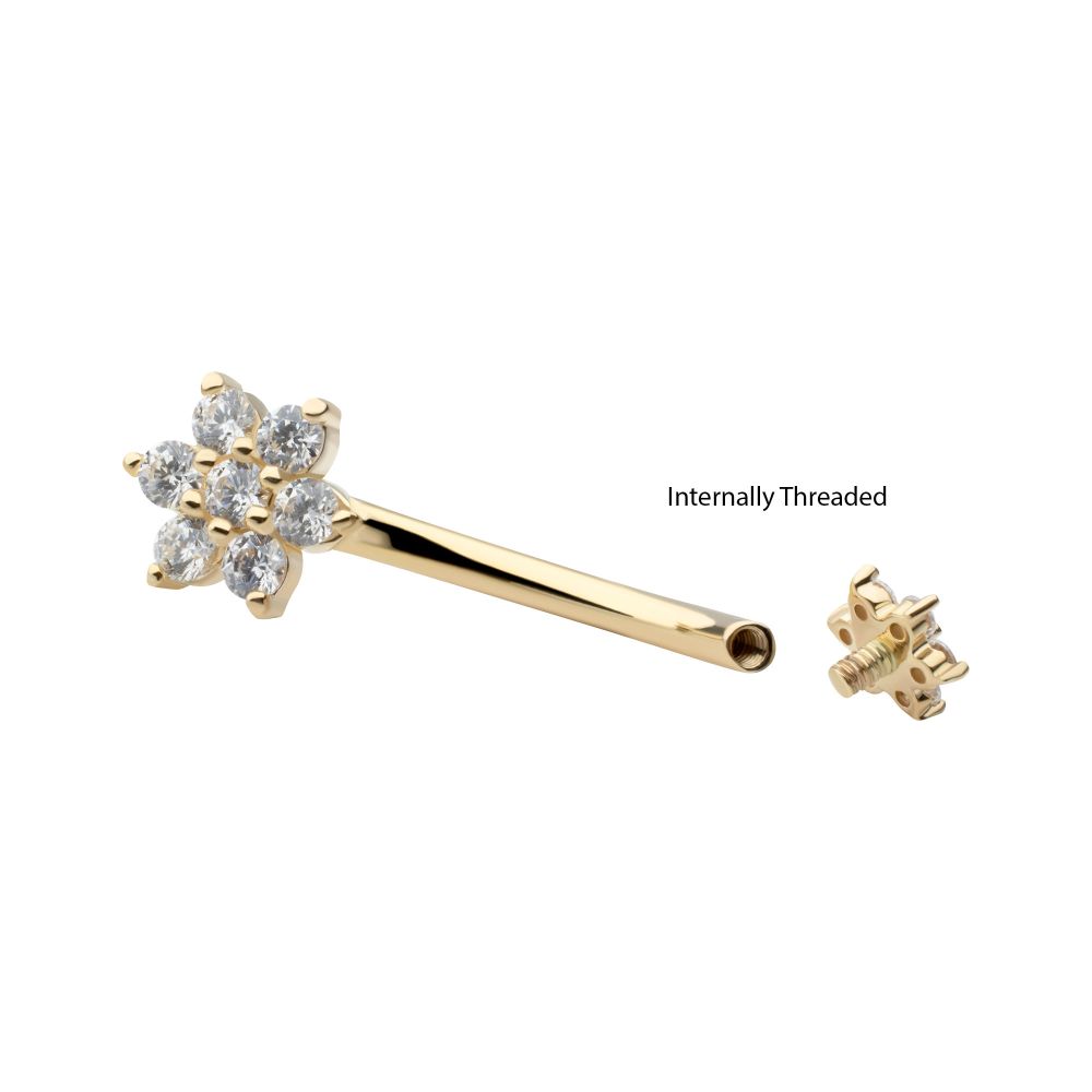 14Kt Yellow Gold Internally Threaded Pronged Round Clear CZ Double Flower Shape Fixed Bottom Navel