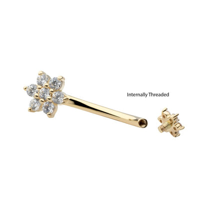 14Kt Yellow Gold Internally Threaded Pronged Round Clear CZ Double Flower Shape Fixed Bottom Navel