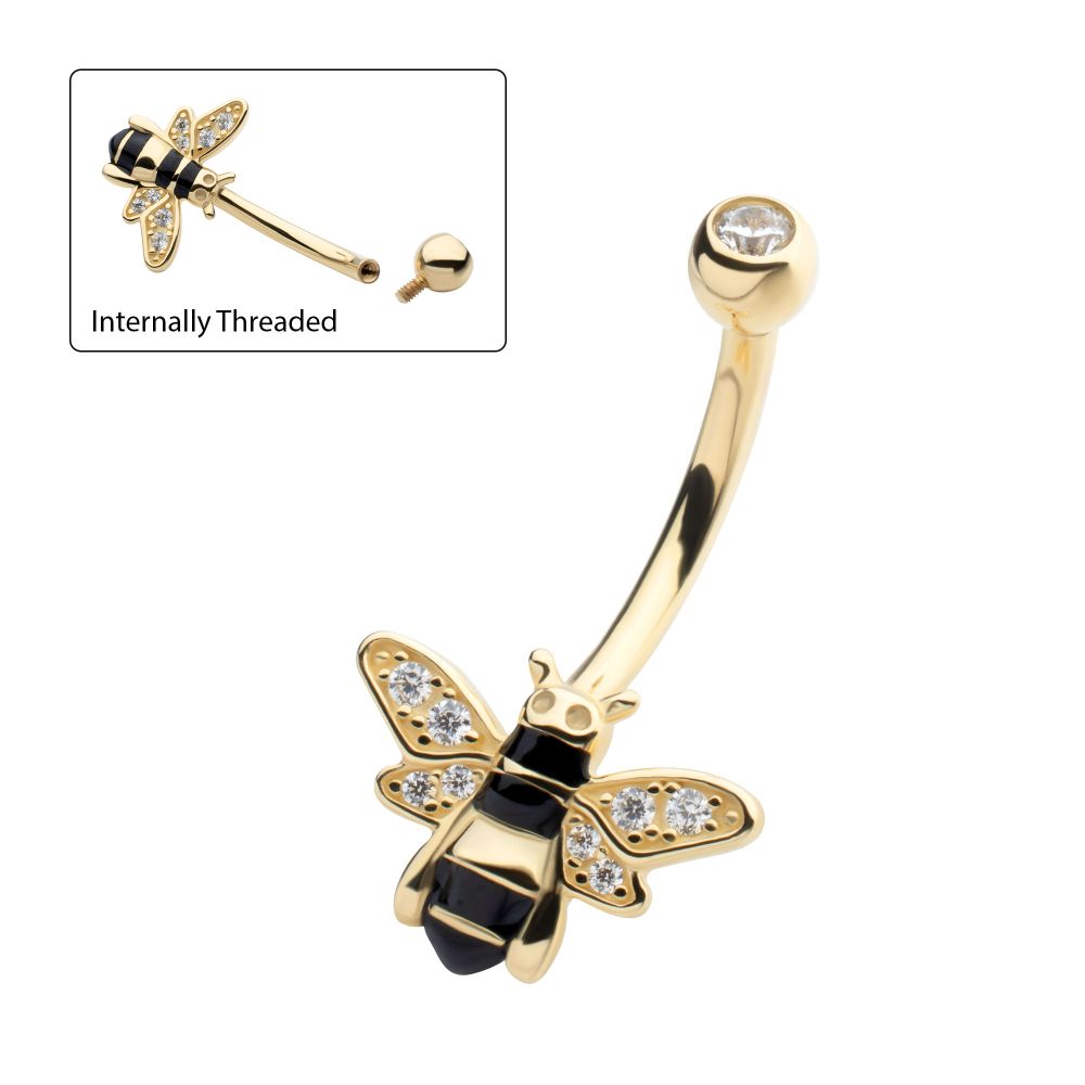 14Kt Yellow Gold Internally Threaded Pave Set Round Clear CZ Enamel Bee Fixed Bottom Navel