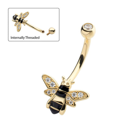 14Kt Yellow Gold Internally Threaded Pave Set Round Clear CZ Enamel Bee Fixed Bottom Navel