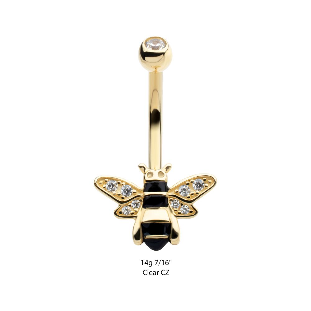14Kt Yellow Gold Internally Threaded Pave Set Round Clear CZ Enamel Bee Fixed Bottom Navel