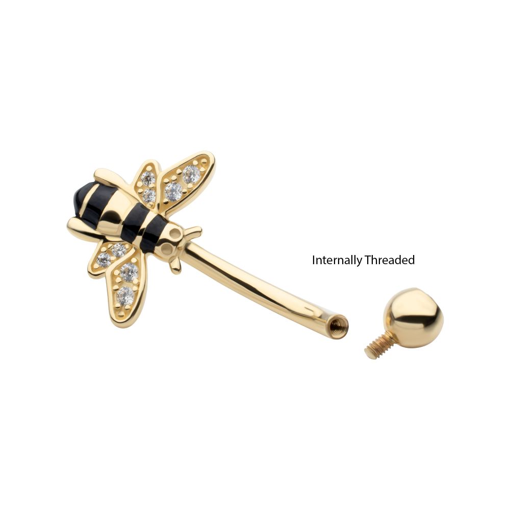 14Kt Yellow Gold Internally Threaded Pave Set Round Clear CZ Enamel Bee Fixed Bottom Navel