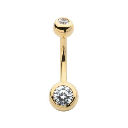 14Kt-Yellow Gold Double Bezel Clear CZ Internally Threaded Top with Fixed Bottom Navel