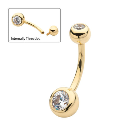 14Kt-Yellow Gold Double Bezel Clear CZ Internally Threaded Top with Fixed Bottom Navel