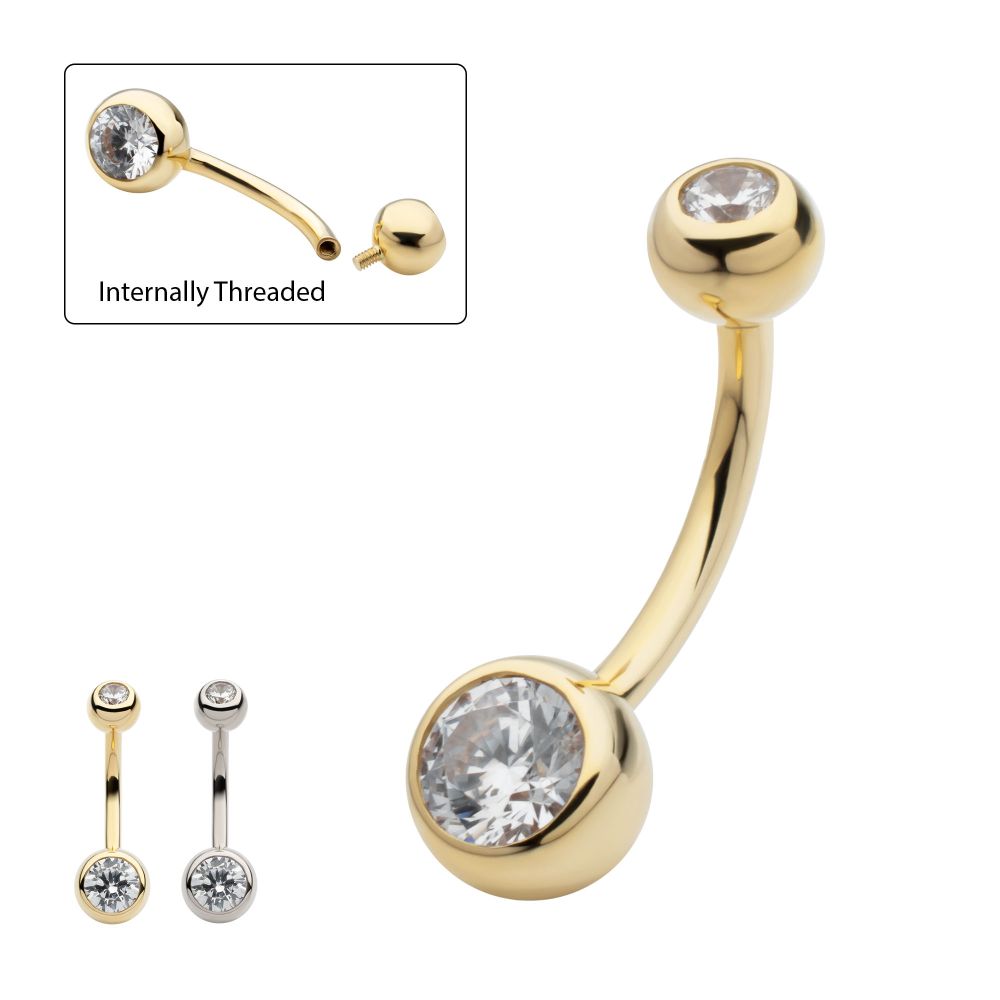 14Kt Gold Internally Threaded Double Round Bezel Clear CZ Fixed Bottom Navel