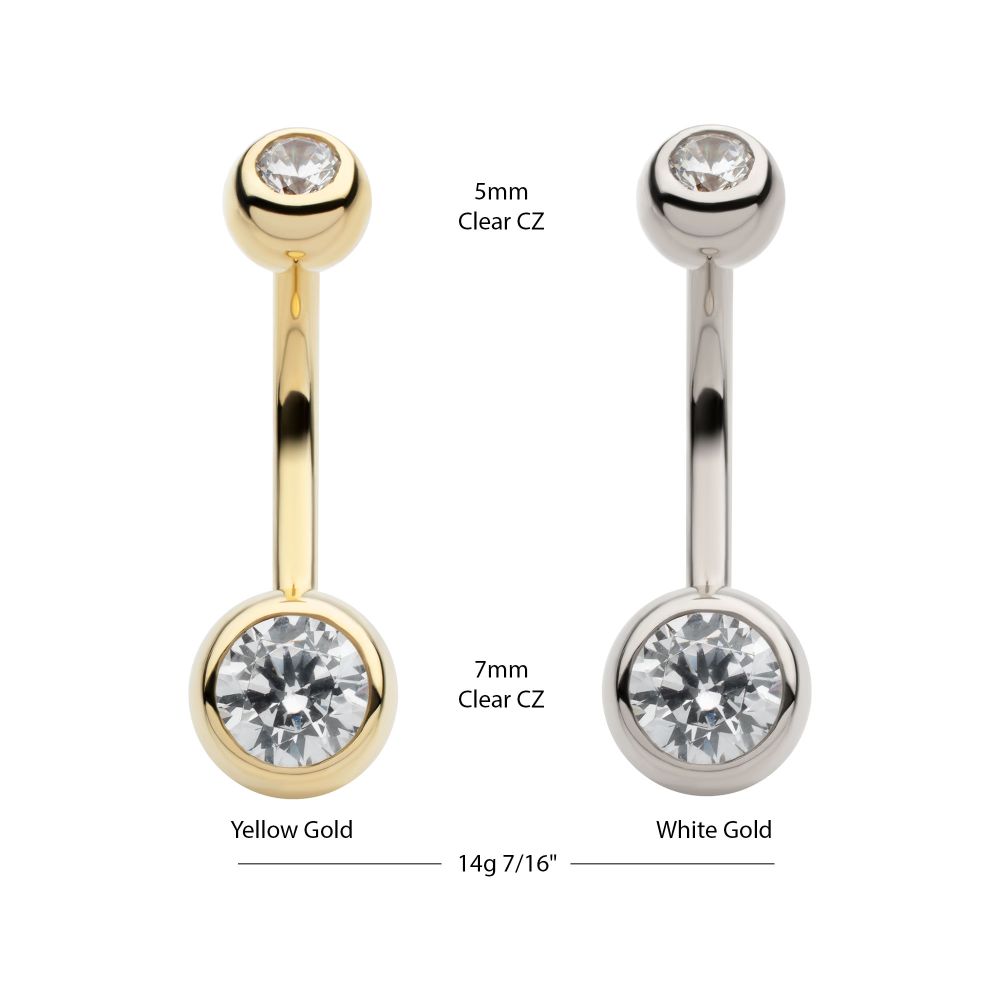 14Kt Gold Internally Threaded Double Round Bezel Clear CZ Fixed Bottom Navel
