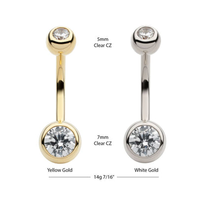 14Kt Gold Internally Threaded Double Round Bezel Clear CZ Fixed Bottom Navel