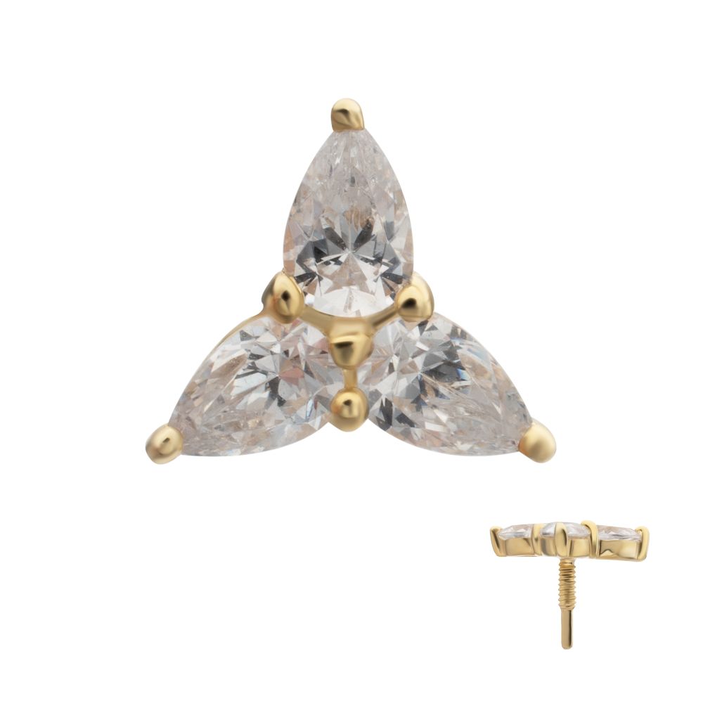 14Kt Yellow Gold M0.8 Internally Threaded Prong Set Trinity Teardrop Gem Top