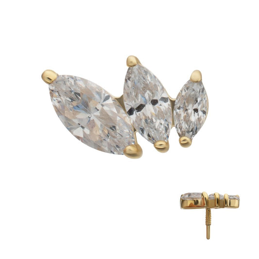 14Kt Yellow Gold M0.8 Internally Threaded Staggered Triple Marquise Cluster Top