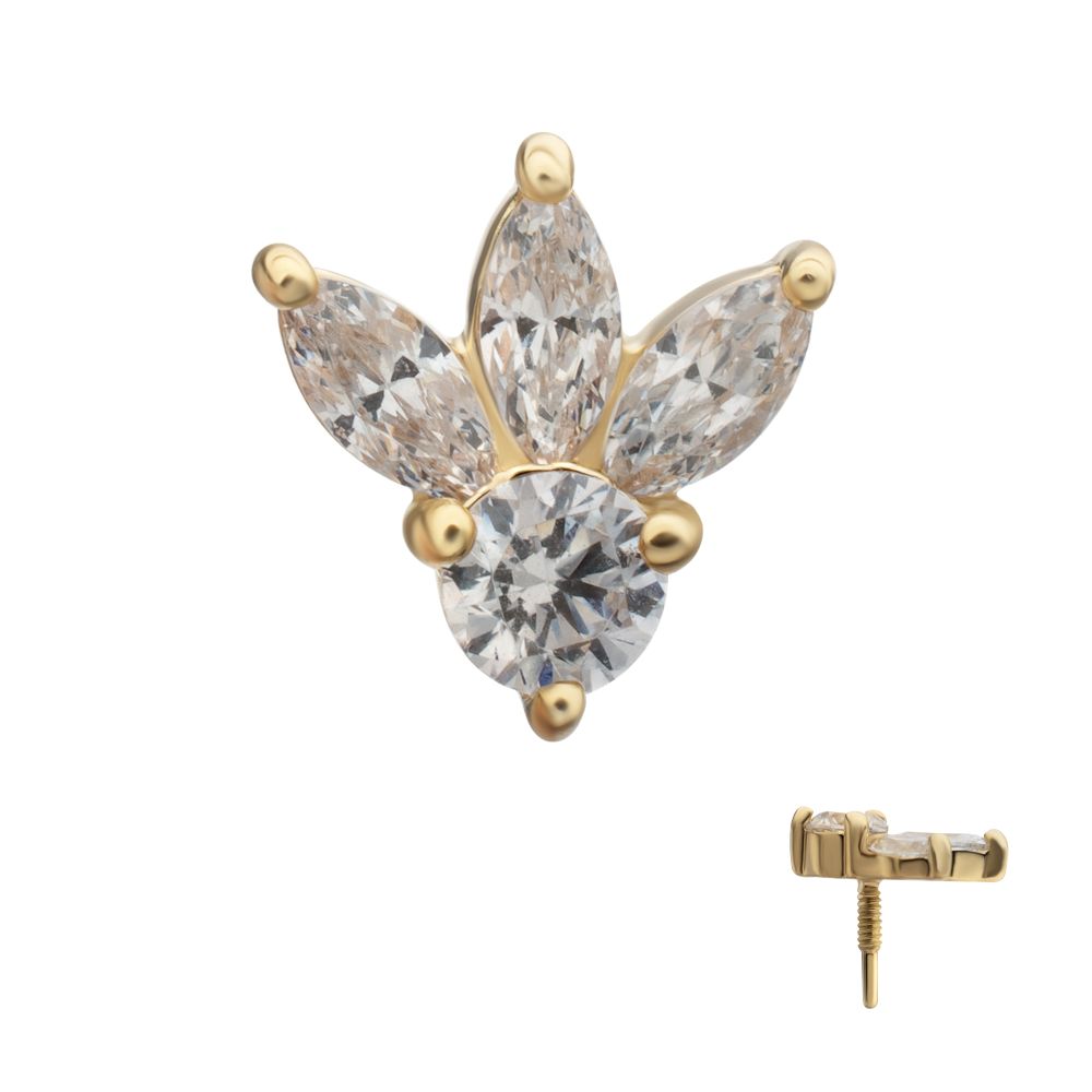 14Kt Yellow Gold M0.8 Internally Threaded Triple Marquise Cluster Fan Top with Round Gem