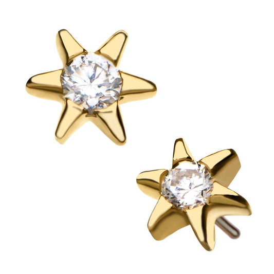 14kt Yellow Gold Threadless Round Clear CZ Star Top