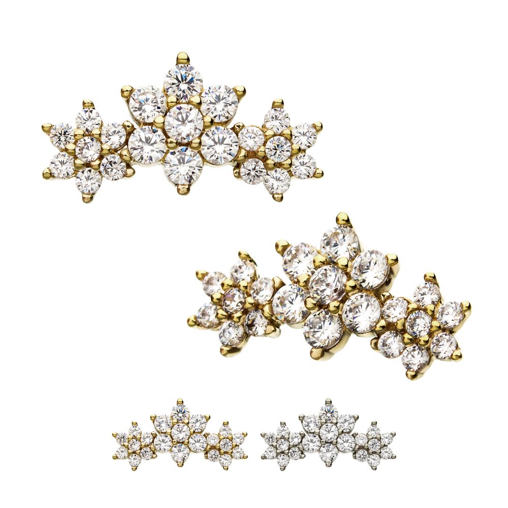 14kt Gold Threadless Prong Set Multi-Clear CZ Tri-Flower Top