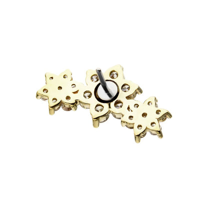 14kt Gold Threadless Prong Set Multi-Clear CZ Tri-Flower Top