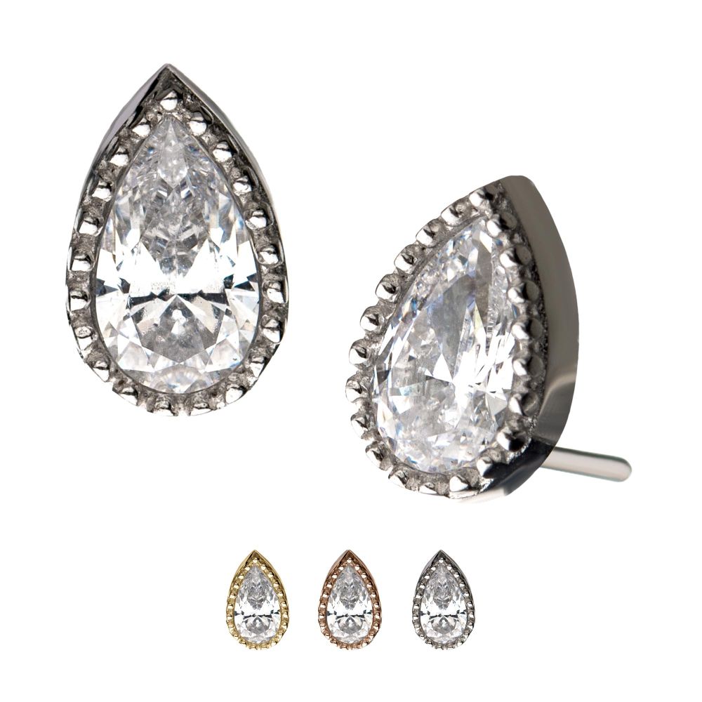 14kt Gold Threadless with Clear CZ Pear-Shaped Top