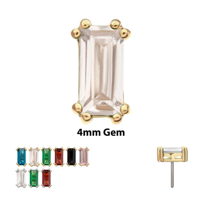 14Kt-Gold Threadless 4mm Emerald Cut Prong Set Gem Top