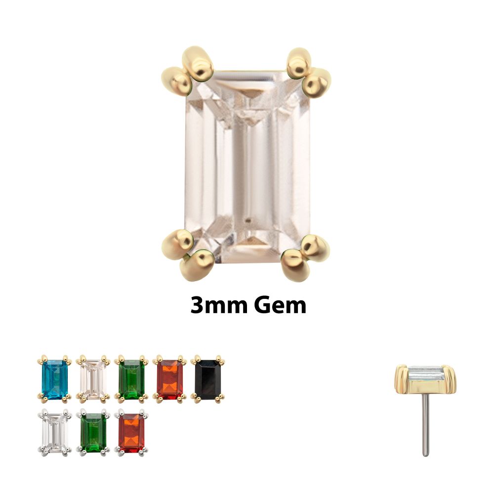14Kt Gold Threadless 3mm Emerald Cut Prong Set Gem Top