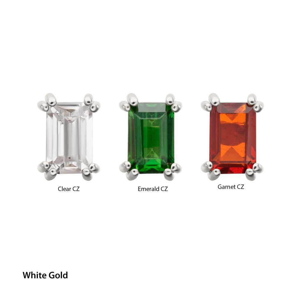 14Kt Gold Threadless 3mm Emerald Cut Prong Set Gem Top