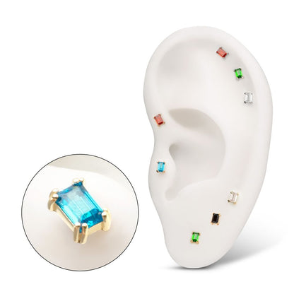 14Kt Gold Threadless 3mm Emerald Cut Prong Set Gem Top