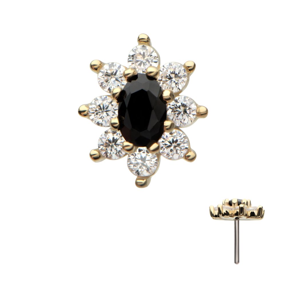 14Kt Yellow Gold Threadless Pronged Oval & Round CZ Flower Top