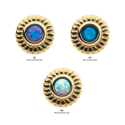 14Kt Yellow Gold Threadless with Bezel Set Synthetic Opal Fine Line Scalloped Edge Top