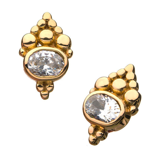 14Kt Yellow Gold Threadless Beaded Cluster Design around 3mm Bezel Set Gem Top