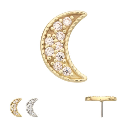 14Kt Gold Threadless Milgrain Edge Crescent Moon Top with Pave CZ Gem