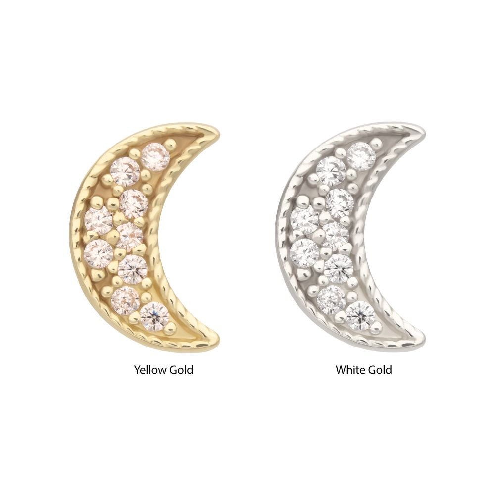 14Kt Gold Threadless Milgrain Edge Crescent Moon Top with Pave CZ Gem