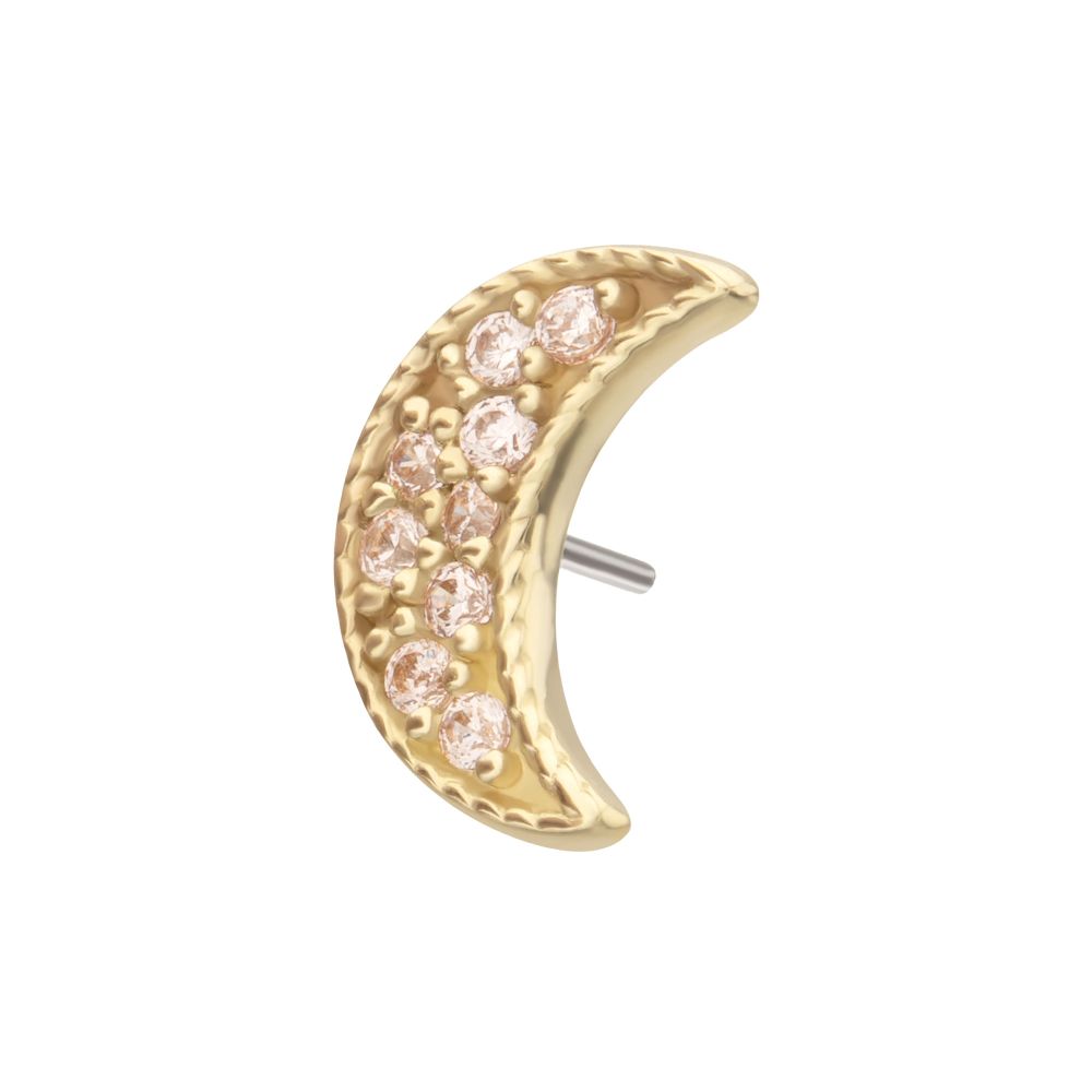 14Kt Gold Threadless Milgrain Edge Crescent Moon Top with Pave CZ Gem