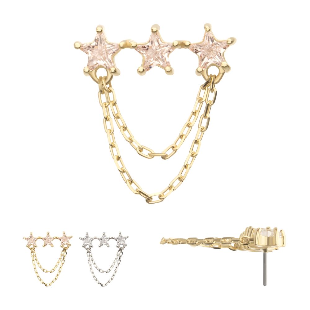 14Kt Gold Threadless Triple Cluster Star CZ Gem Top with 2-Tier Chain Dangle