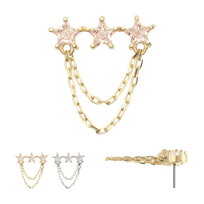 14Kt Gold Threadless Triple Cluster Star CZ Gem Top with 2-Tier Chain Dangle