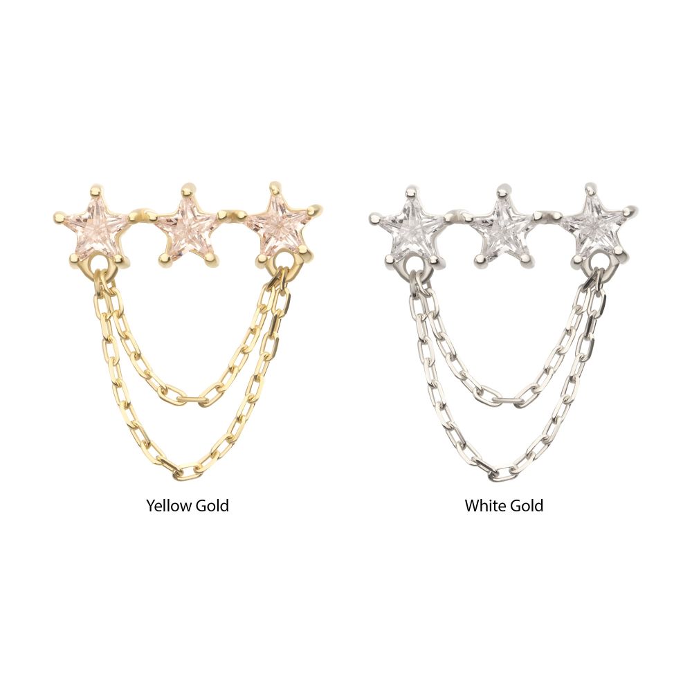 14Kt Gold Threadless Triple Cluster Star CZ Gem Top with 2-Tier Chain Dangle