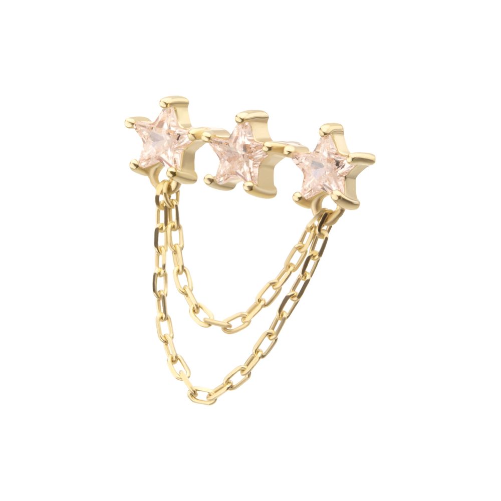 14Kt Gold Threadless Triple Cluster Star CZ Gem Top with 2-Tier Chain Dangle