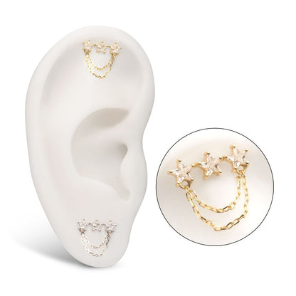 14Kt Gold Threadless Triple Cluster Star CZ Gem Top with 2-Tier Chain Dangle