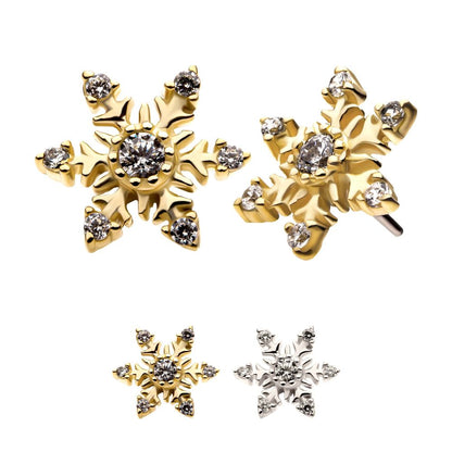 14Kt Gold Threadless with 6 3-Prong Set Round Clear CZ Snowflake Top
