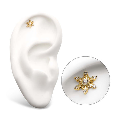 14Kt Gold Threadless with 6 3-Prong Set Round Clear CZ Snowflake Top