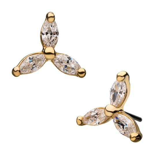 14Kt Yellow Gold Threadless Pronged Marquise CZ Trinity Top