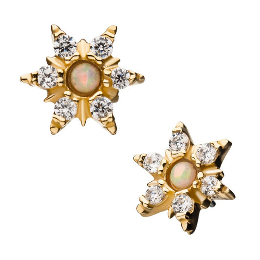 14Kt Yellow Gold Threadless with Clear CZ and White Synthetic Opal 6-Point Star Top