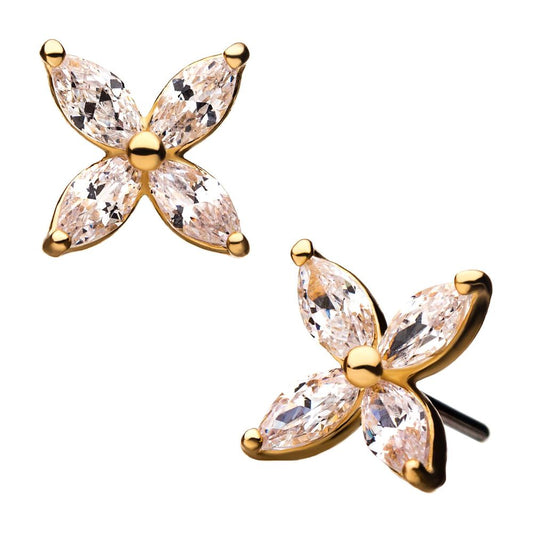 14kt Yellow Gold Threadless 4-Clear Gem Flower Top