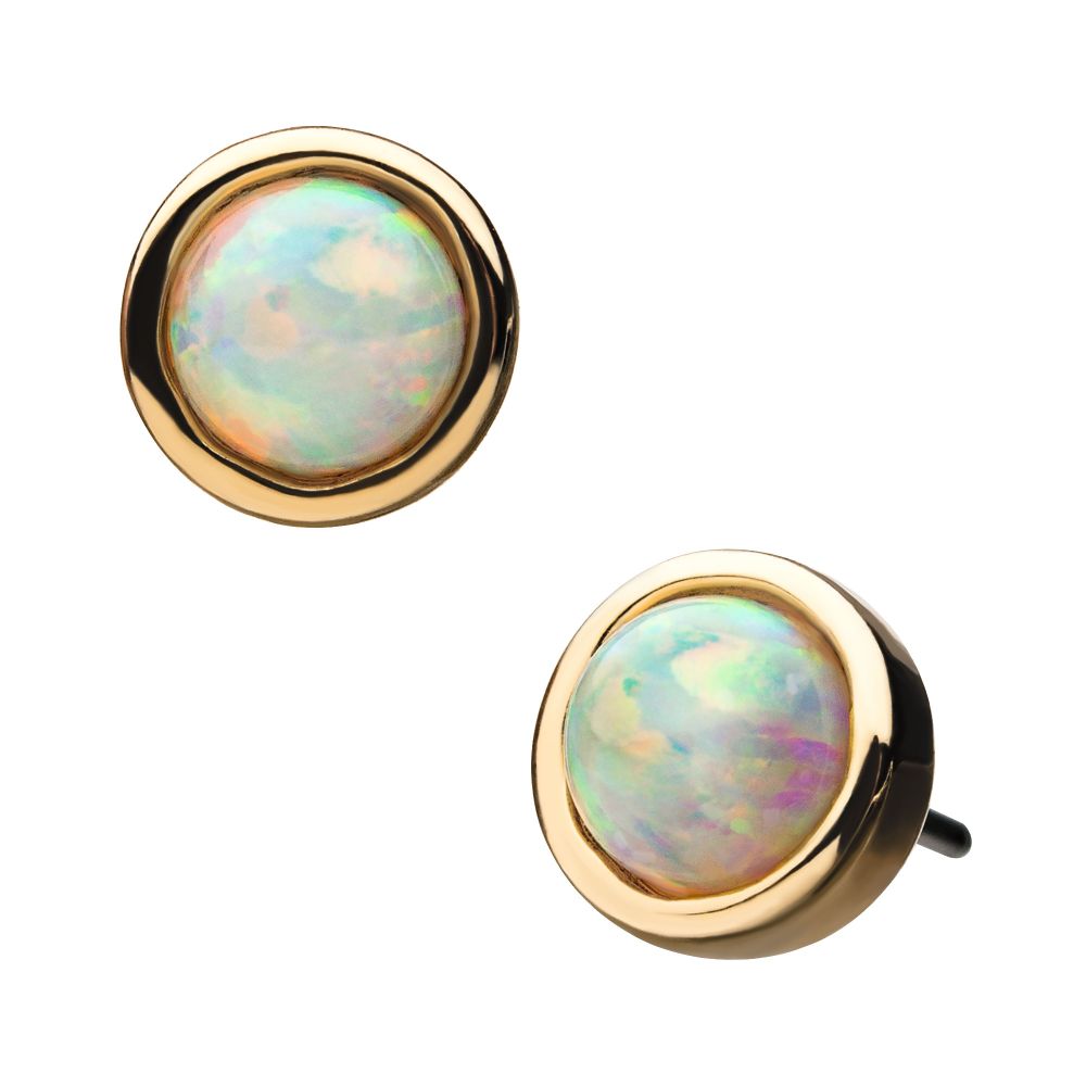 14kt Yellow Gold Threadless 4mm Bezel Set White Synthetic Opal Top