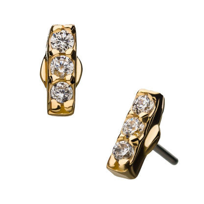 14Kt Yellow Gold Threadless with 3-Clear Gem Bar Top