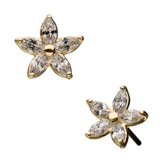 14Kt Gold Threadless Flower Top with 5 Petal Marquise Prong Set Gem