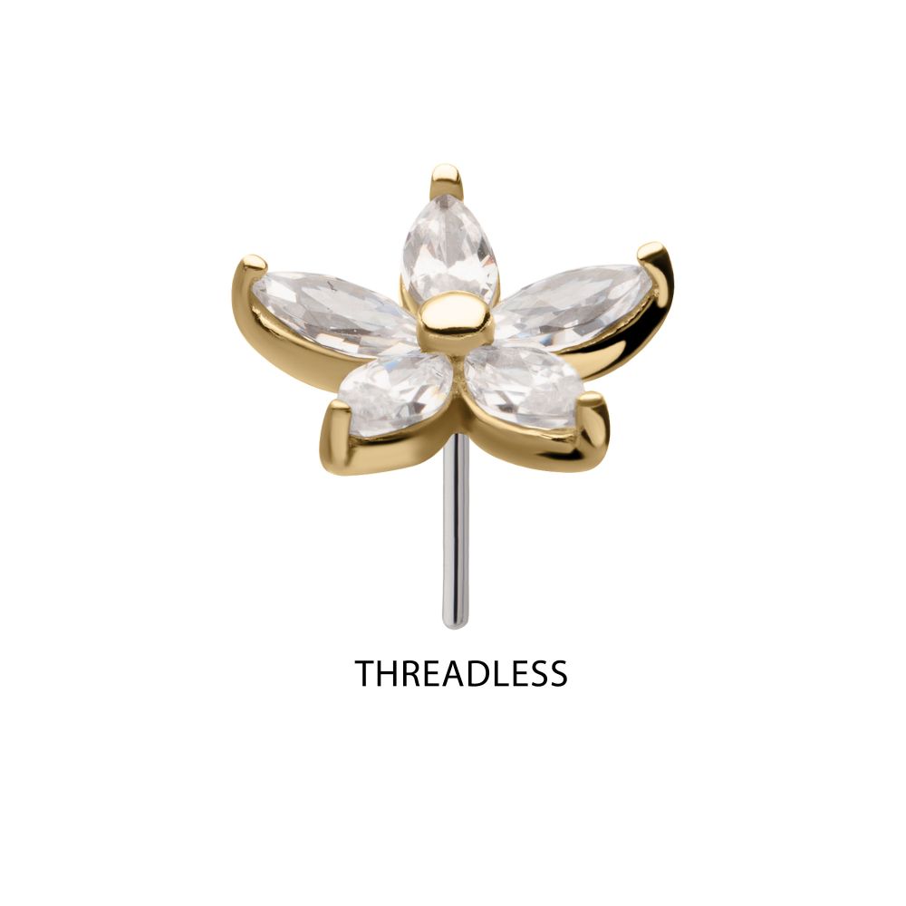 14Kt Gold Threadless Flower Top with 5 Petal Marquise Prong Set Gem