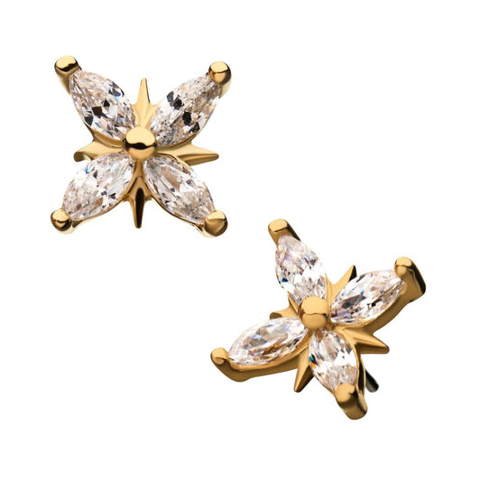 14Kt Yellow Gold Threadless with Prong Set 4-Clear CZ Cross Top