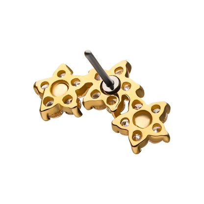 14Kt Yellow Gold Threadless 3-Curved Cluster Pronged Round CZ Flower Top